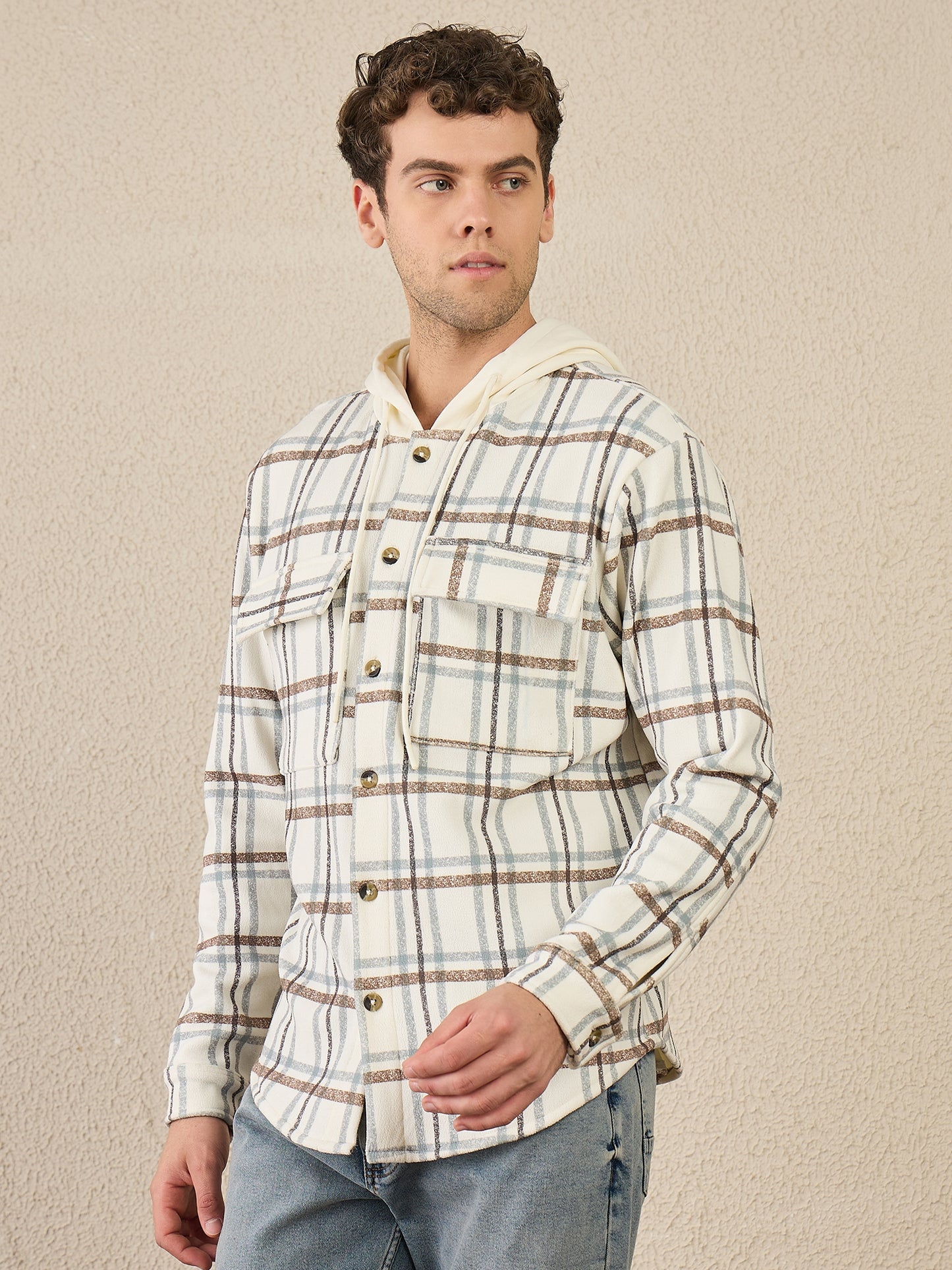 Off White Checked Buttoned Hoodie