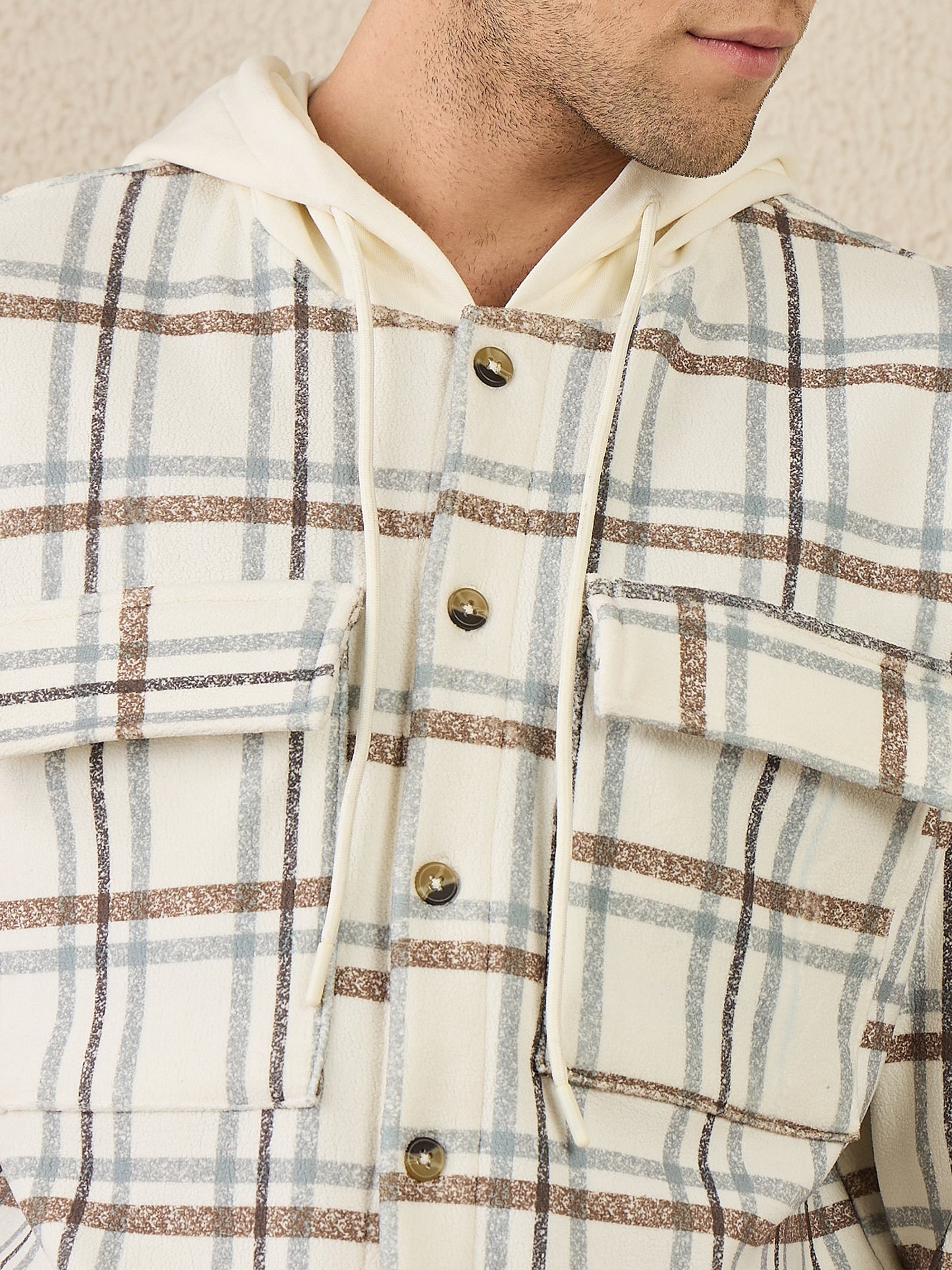 Off White Checked Buttoned Hoodie