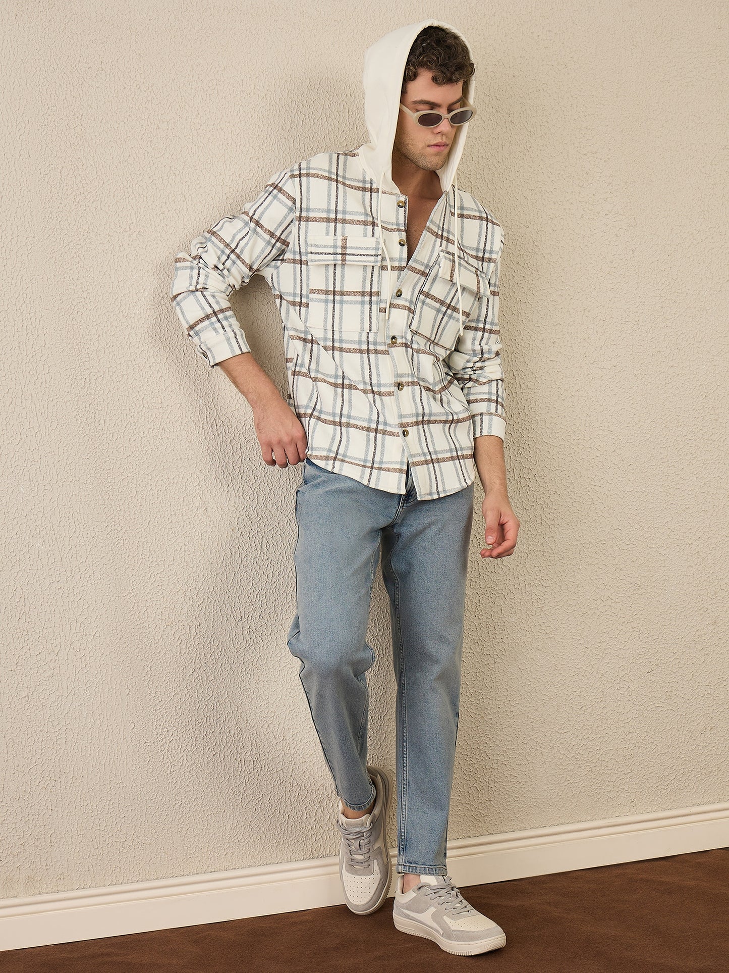 Off White Checked Buttoned Hoodie