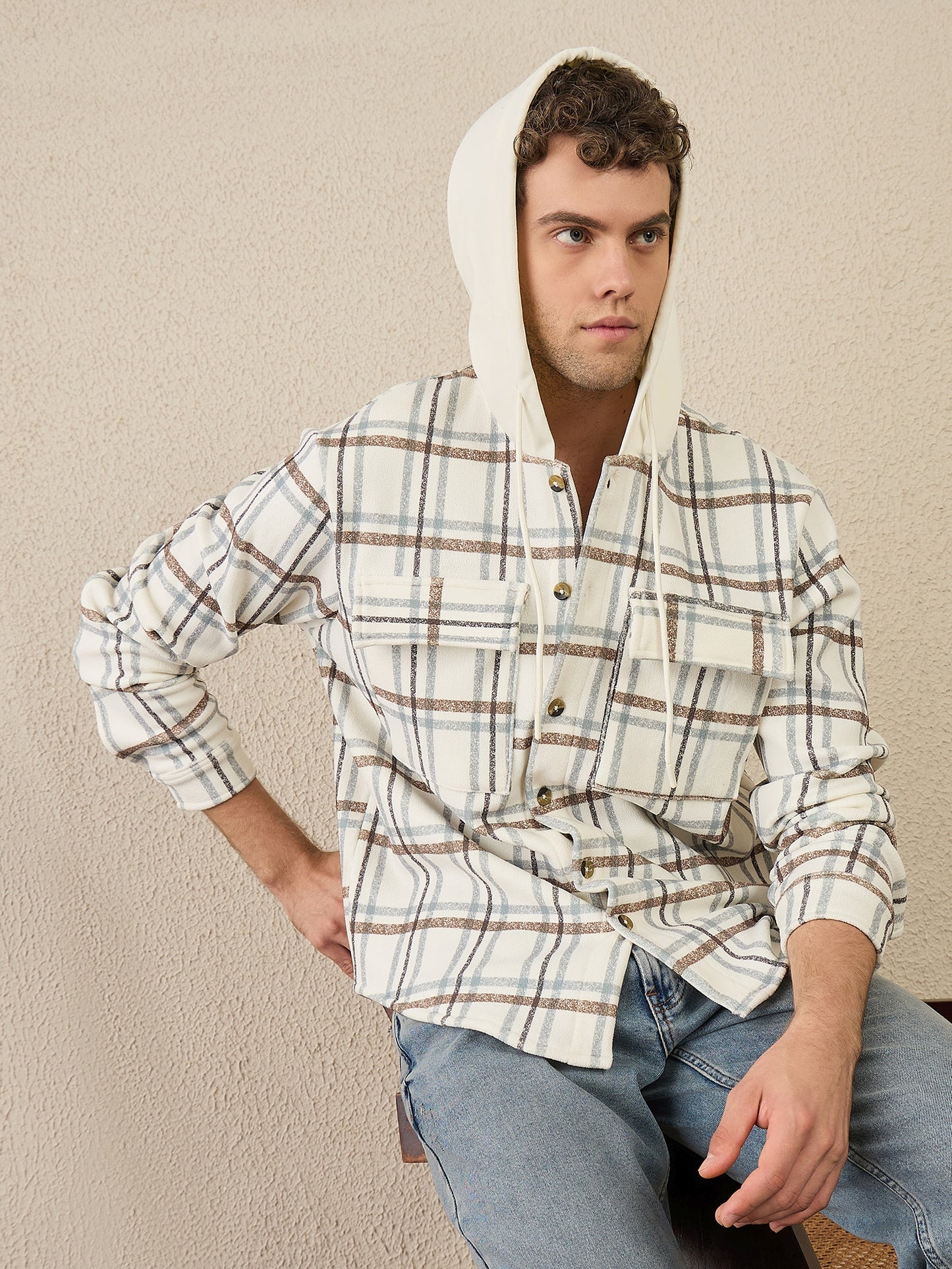 Off White Checked Buttoned Hoodie