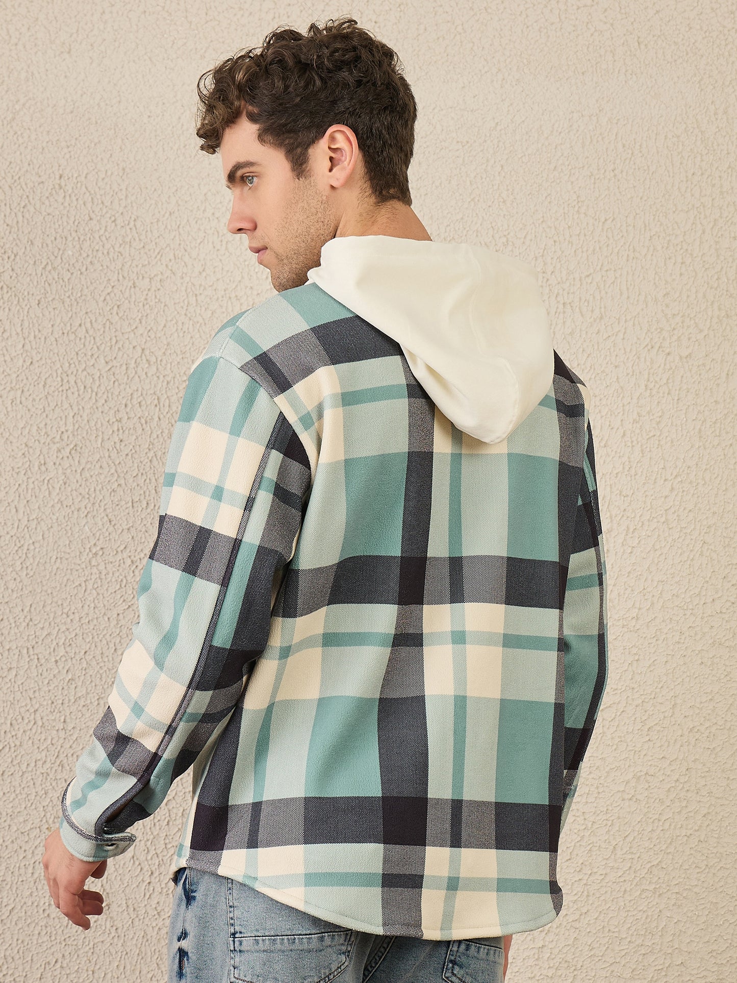 Blue & Green Checked Buttoned Hoodie