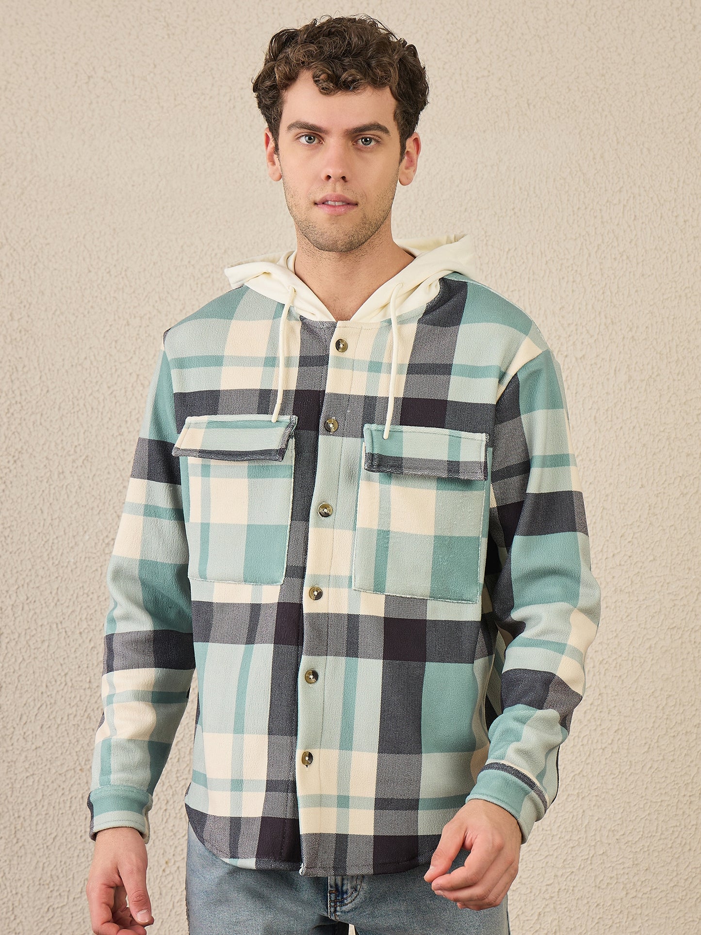Blue & Green Checked Buttoned Hoodie