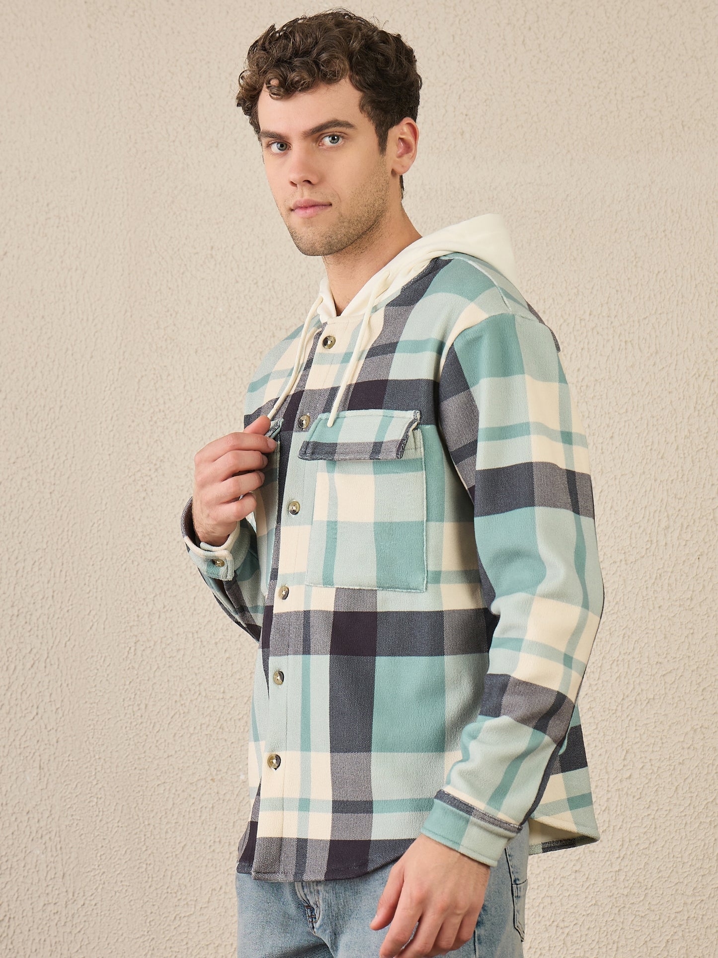 Blue & Green Checked Buttoned Hoodie
