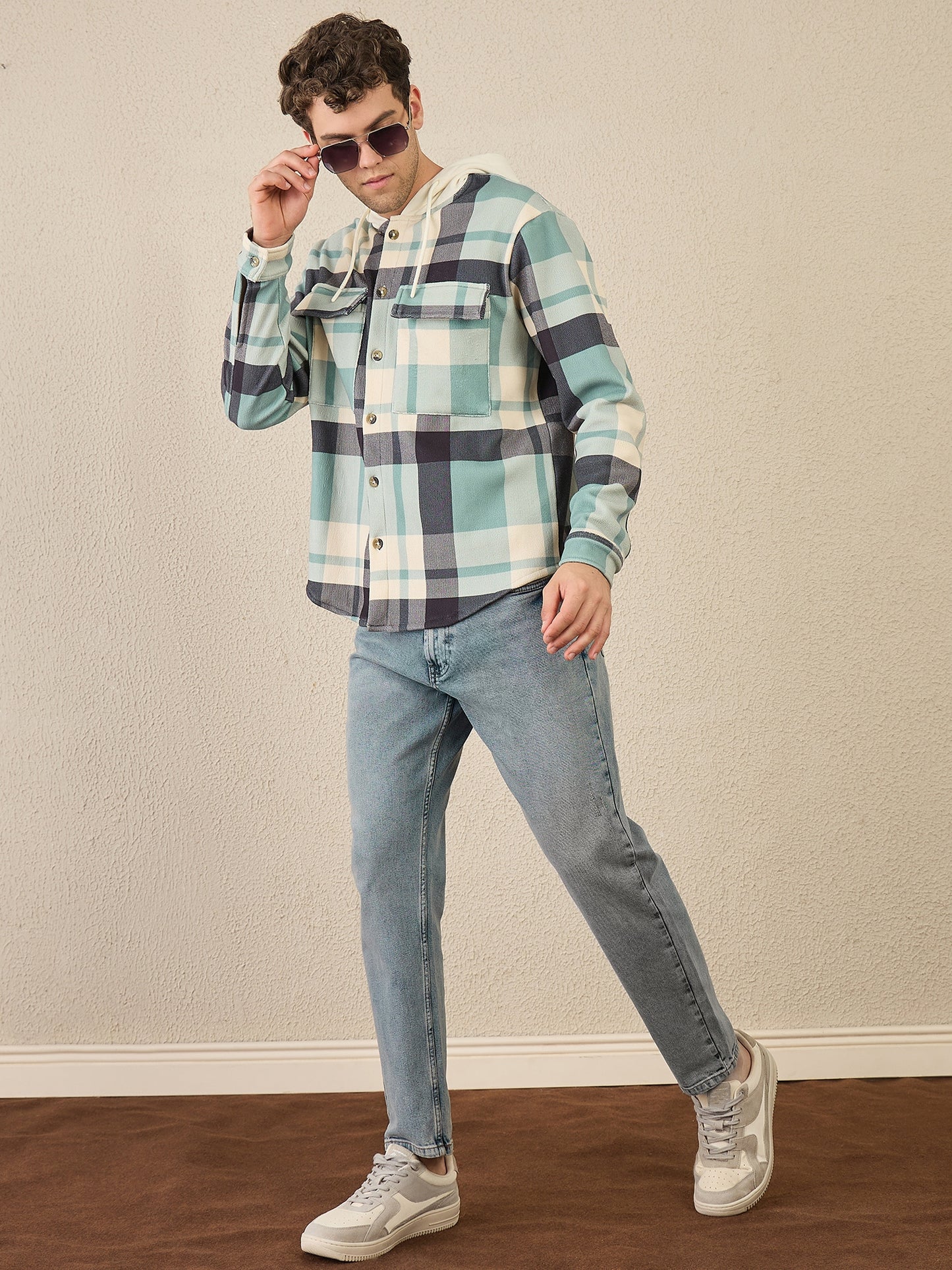 Blue & Green Checked Buttoned Hoodie
