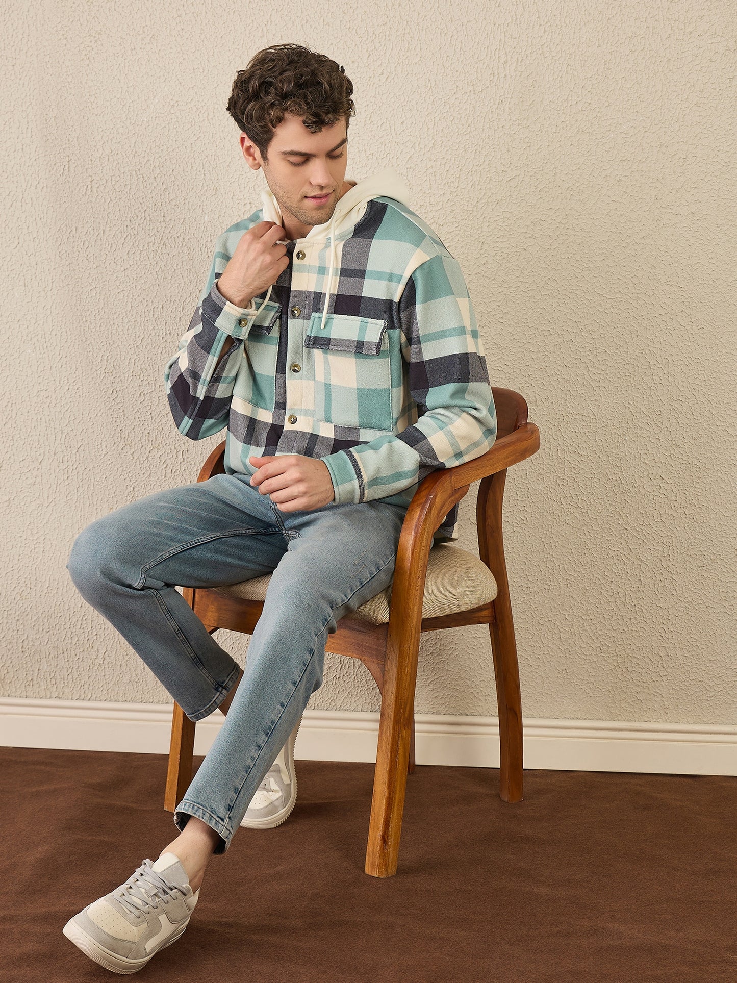 Blue & Green Checked Buttoned Hoodie