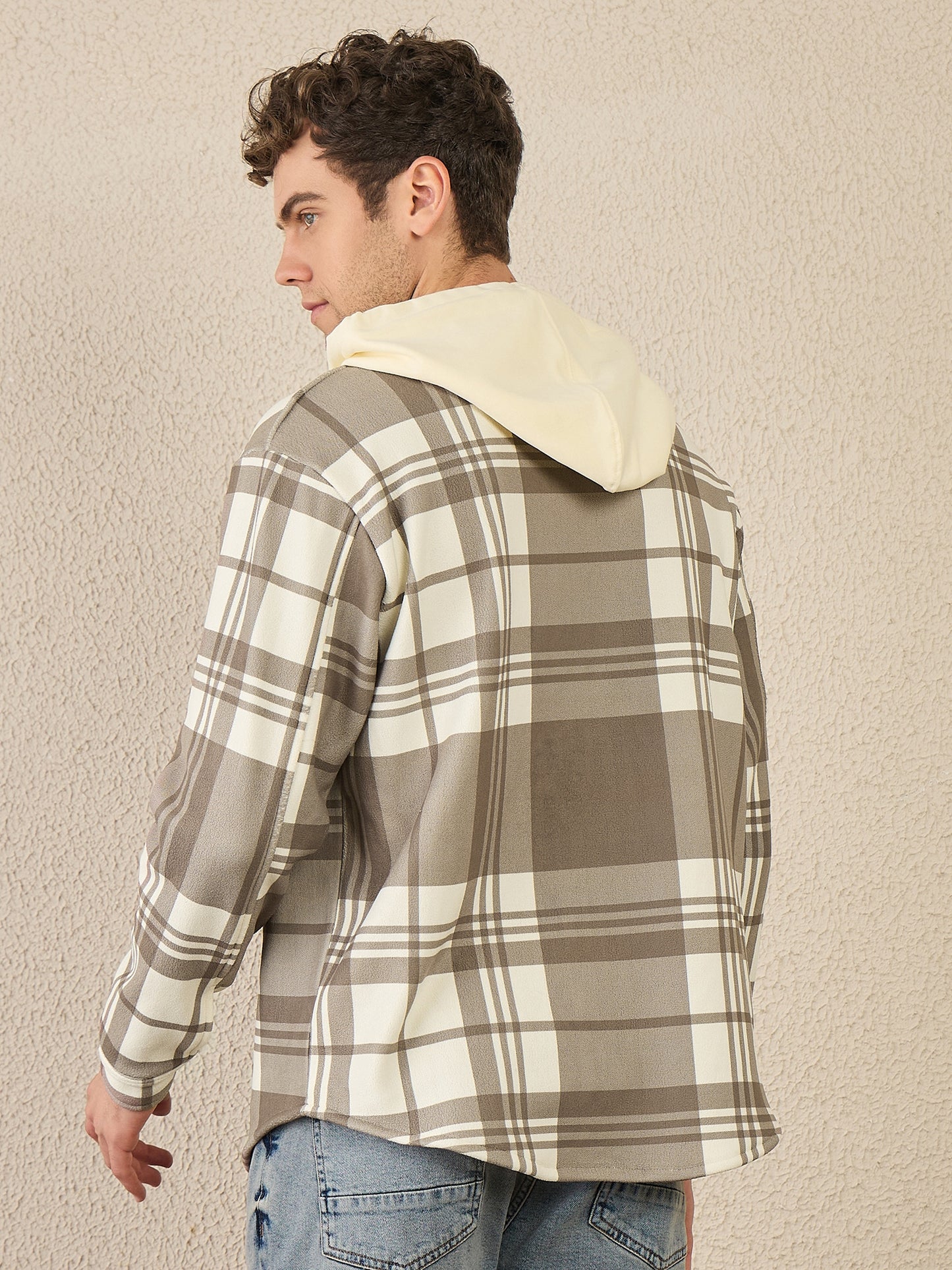 Brown Checked Buttoned Hoodie