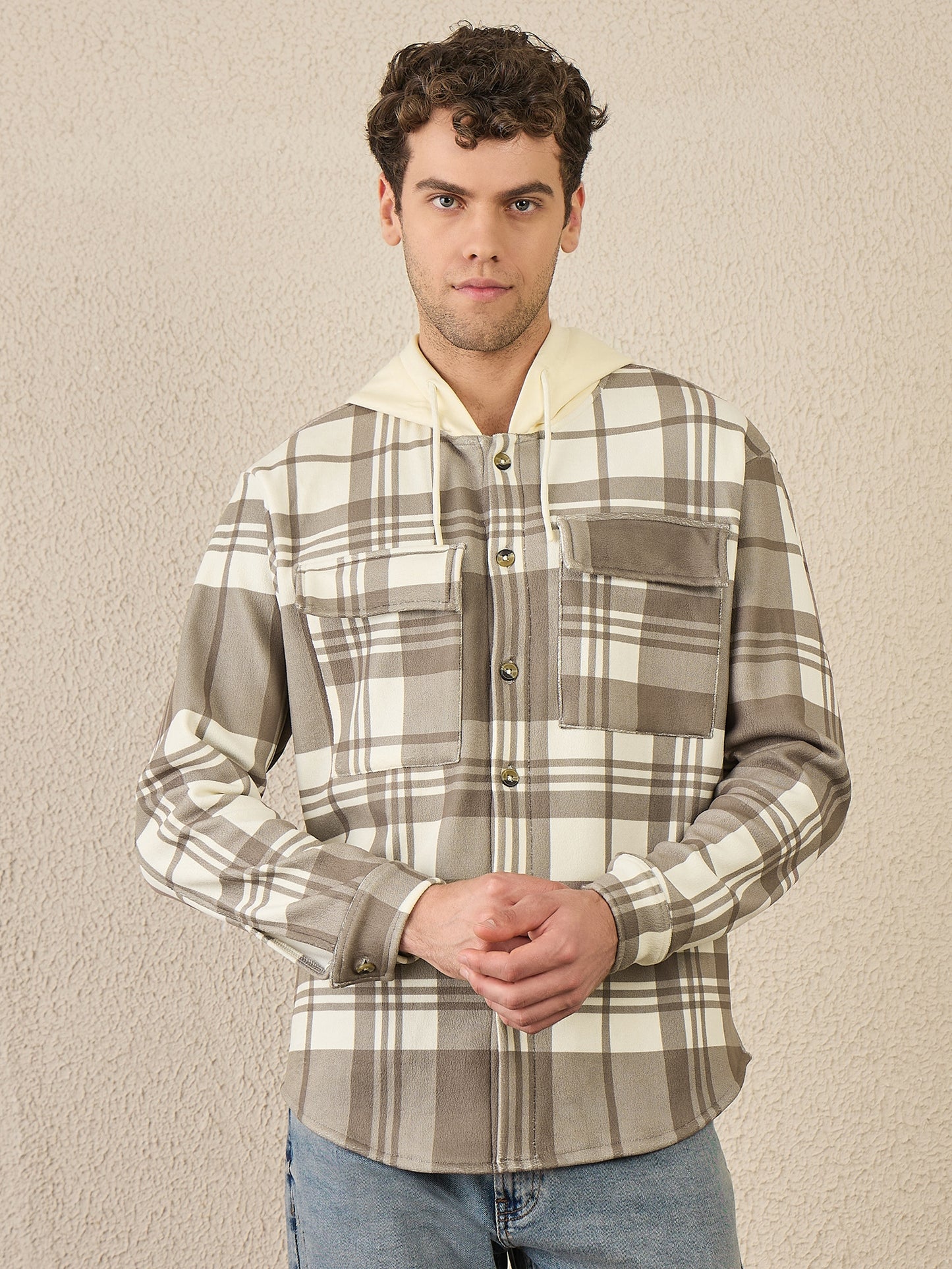 Brown Checked Buttoned Hoodie