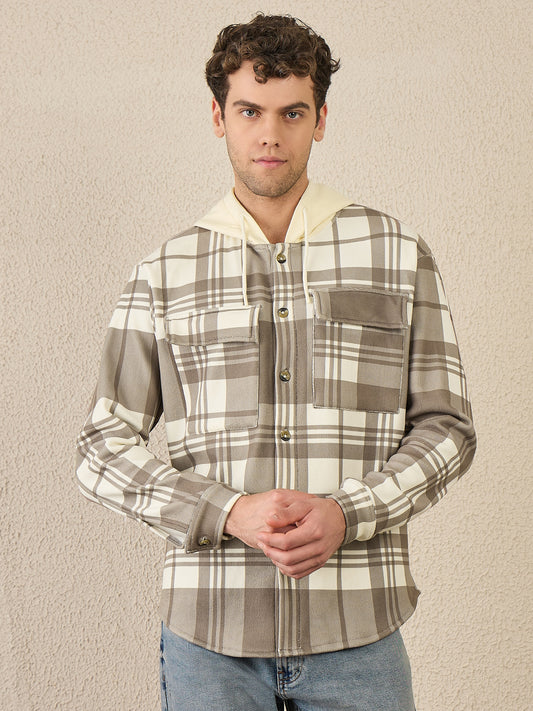 Brown Checked Buttoned Hoodie