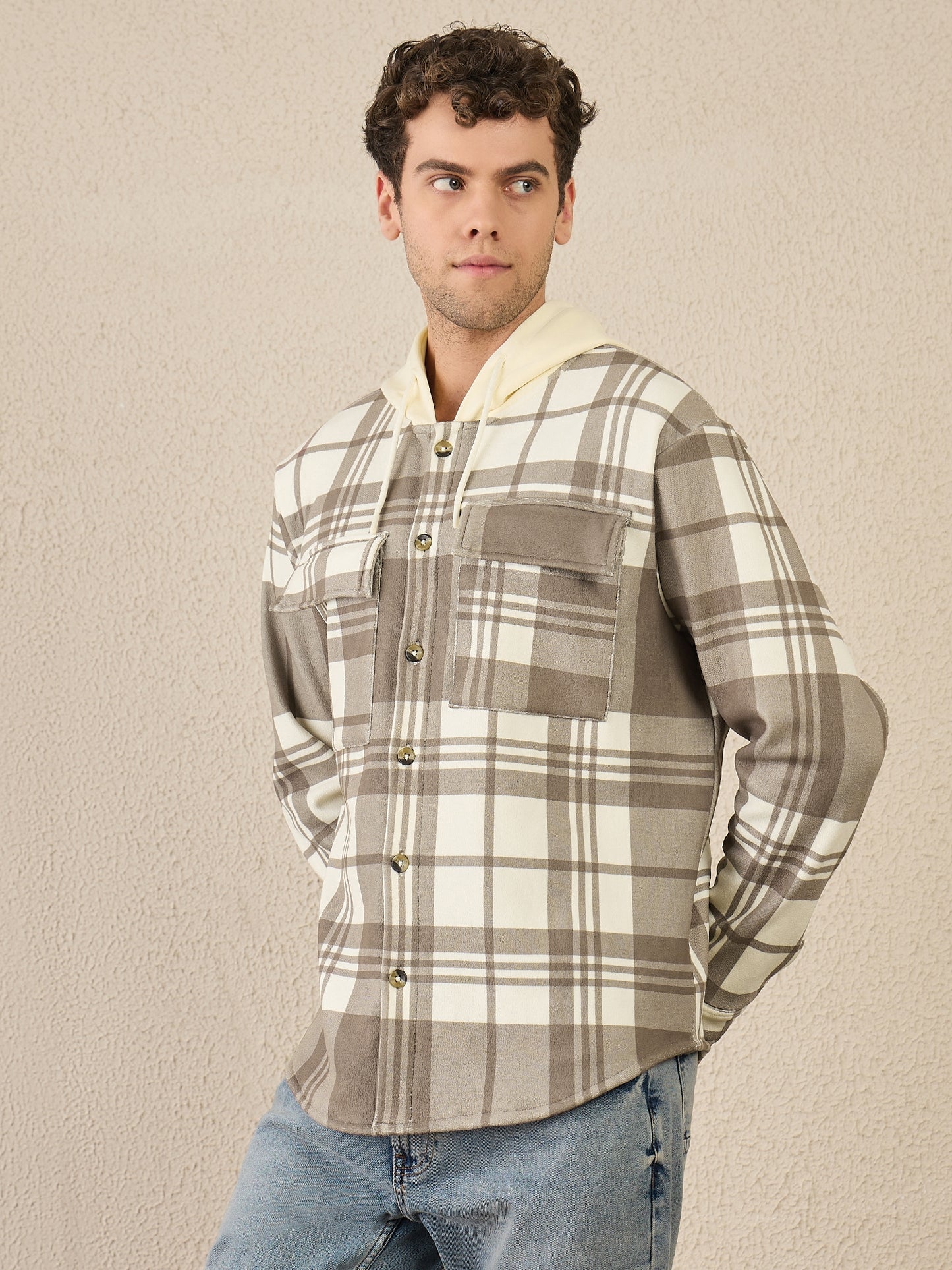 Brown Checked Buttoned Hoodie