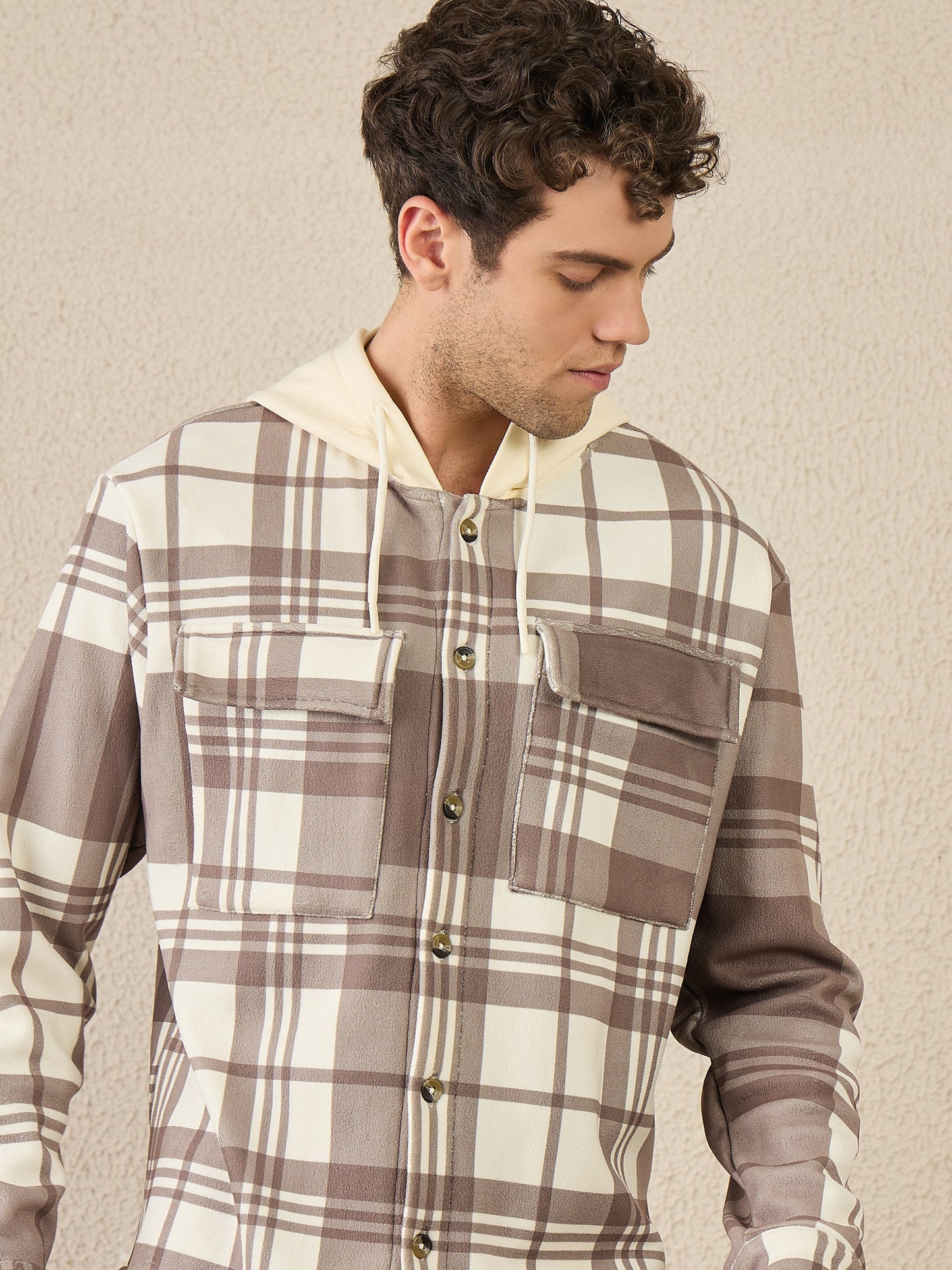 Brown Checked Buttoned Hoodie