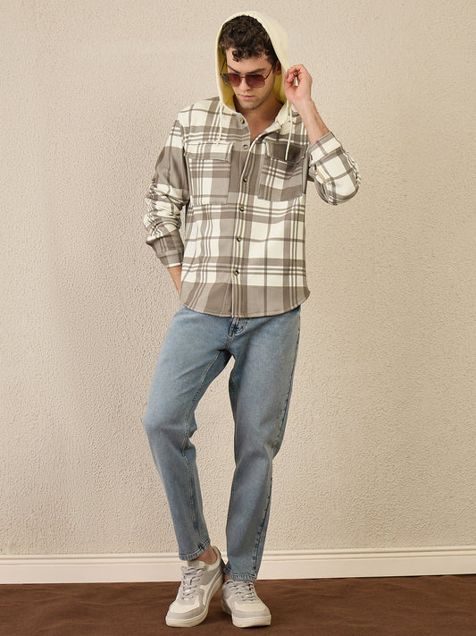 Brown Checked Buttoned Hoodie