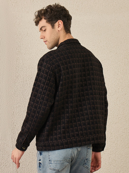 Men Black & Brown Winter Textured Full Sleeve Shacket