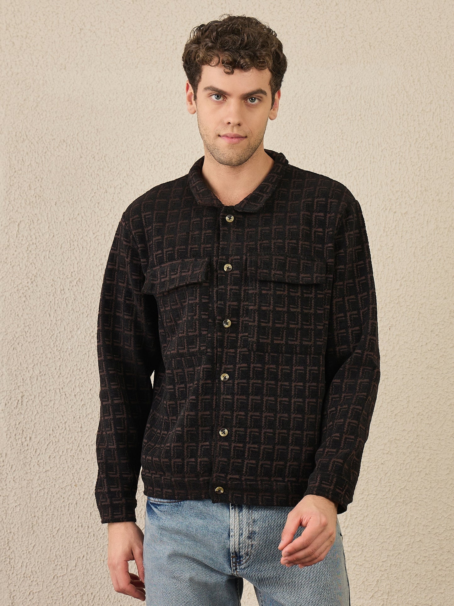 Dark Brown Textured Buttoned Shacket
