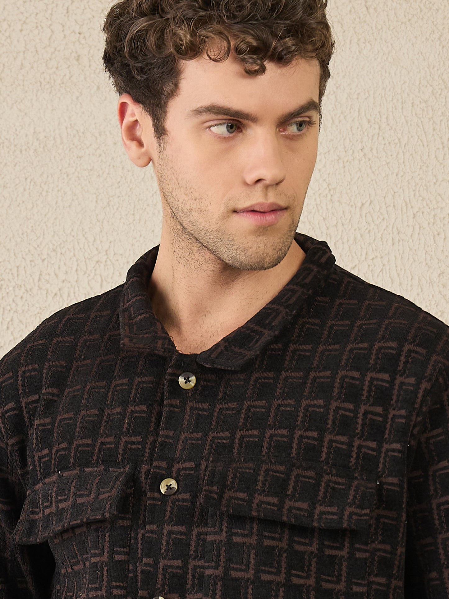 Dark Brown Textured Buttoned Shacket