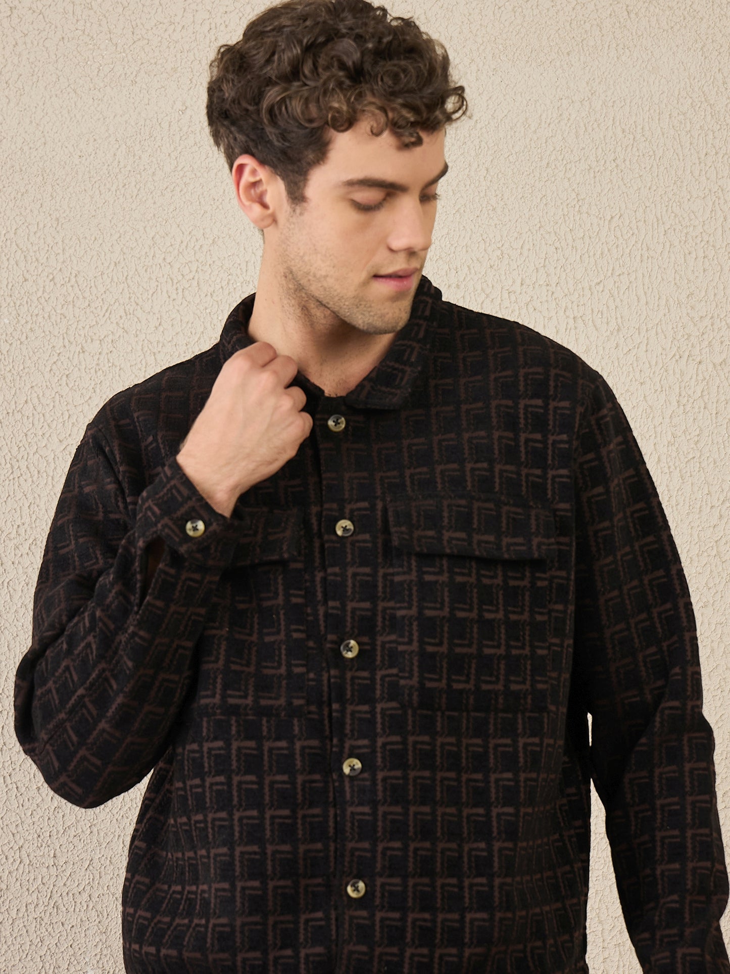 Dark Brown Textured Buttoned Shacket