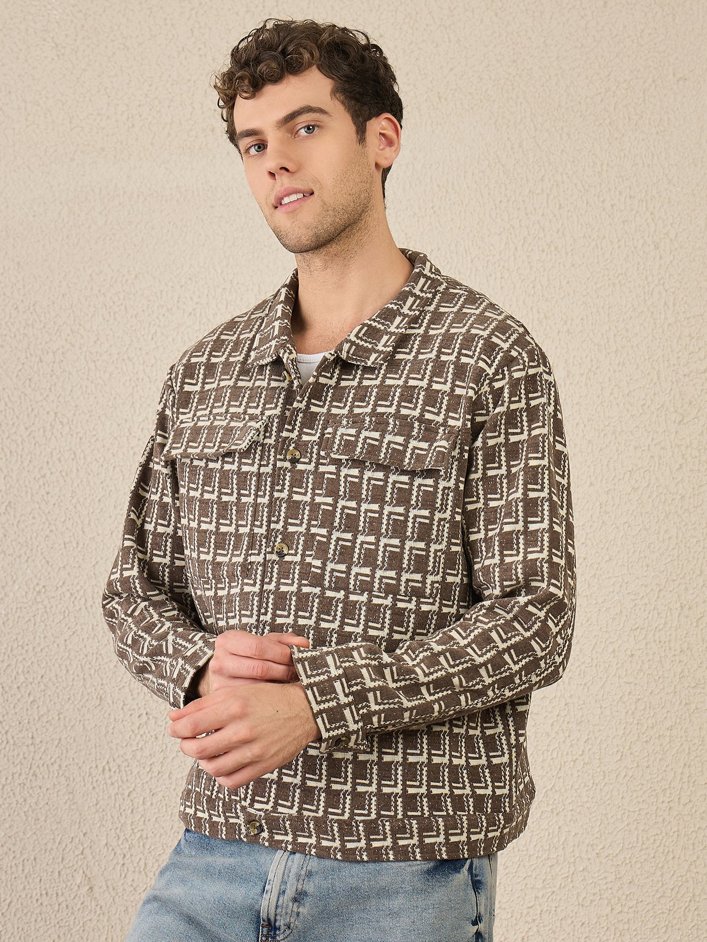 Brown Textured  Buttoned Shacket