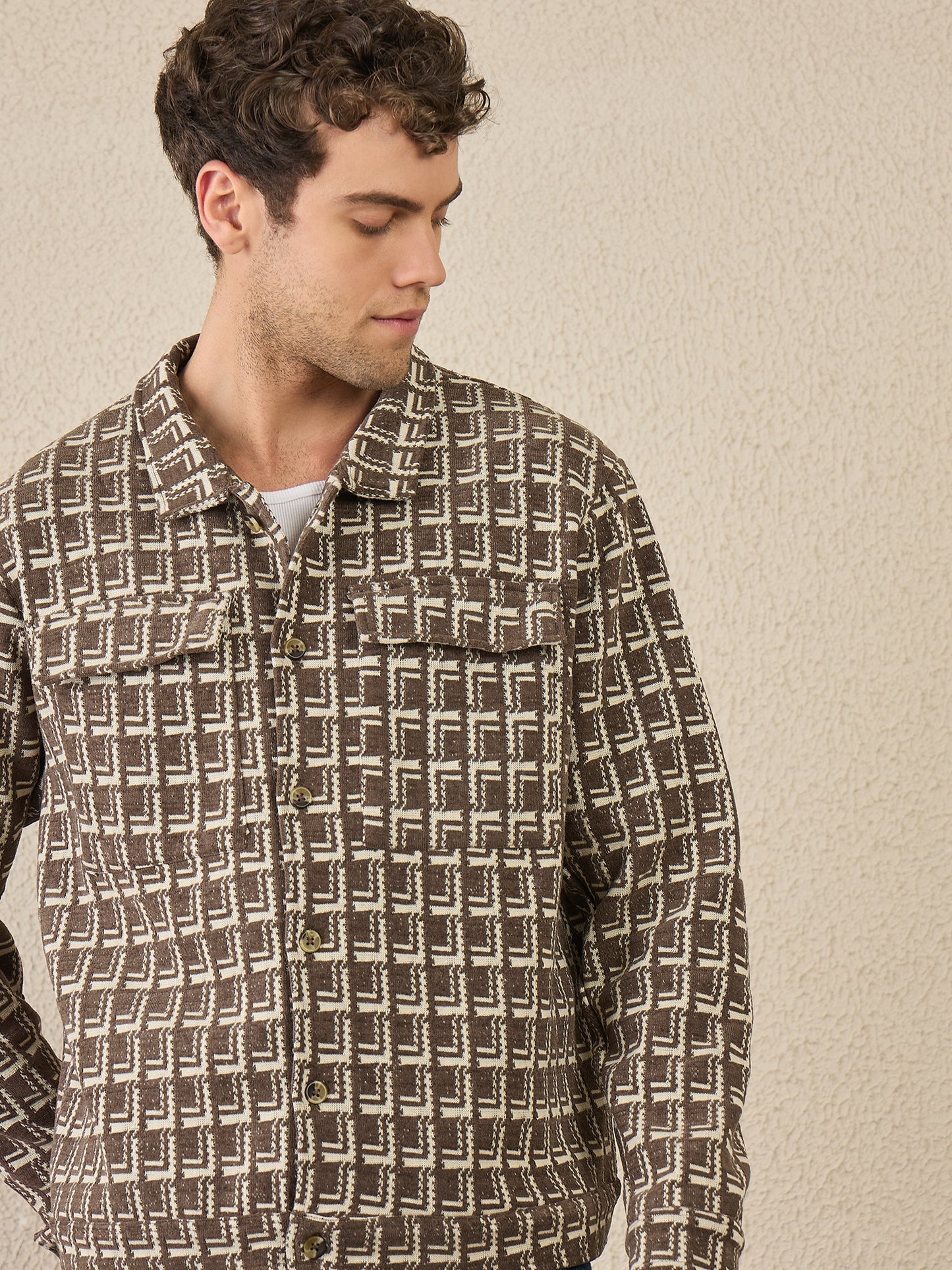 Brown Textured  Buttoned Shacket