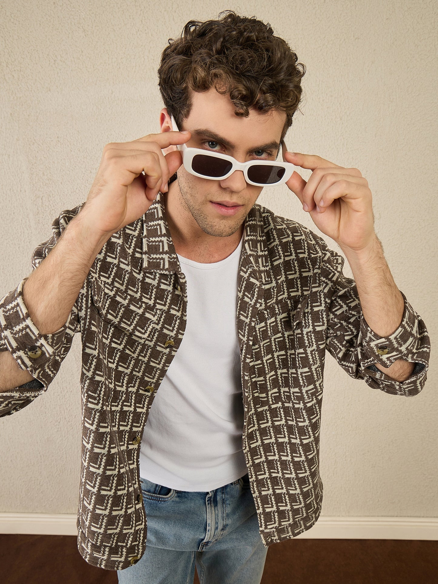 Brown Textured  Buttoned Shacket