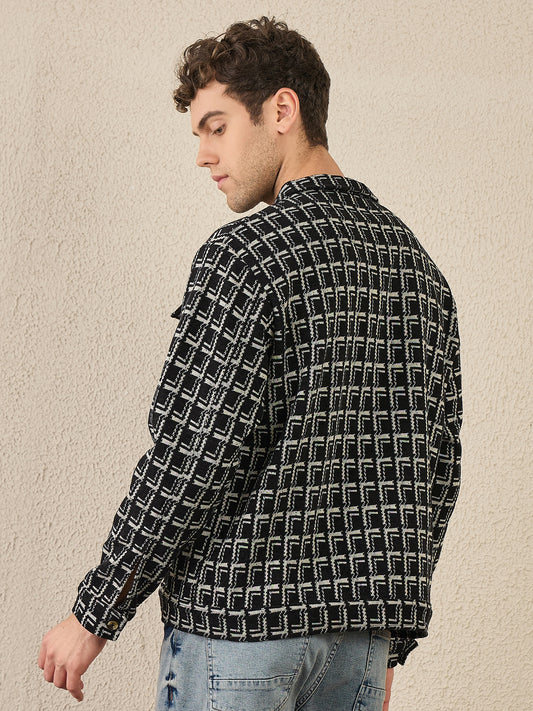 Men Black & White Winter Textured Full Sleeve Shacket