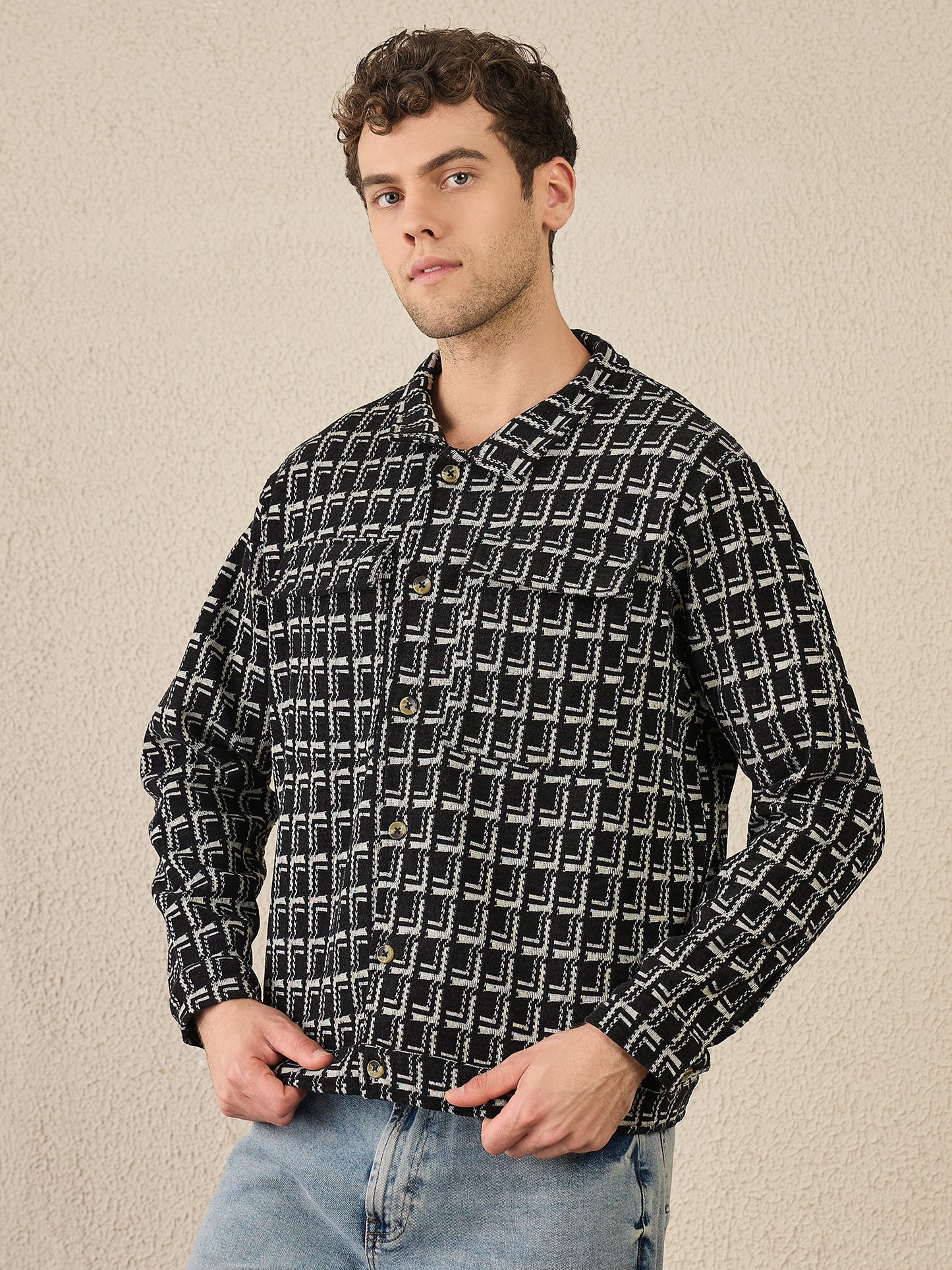 Black Textured Buttoned Shacket