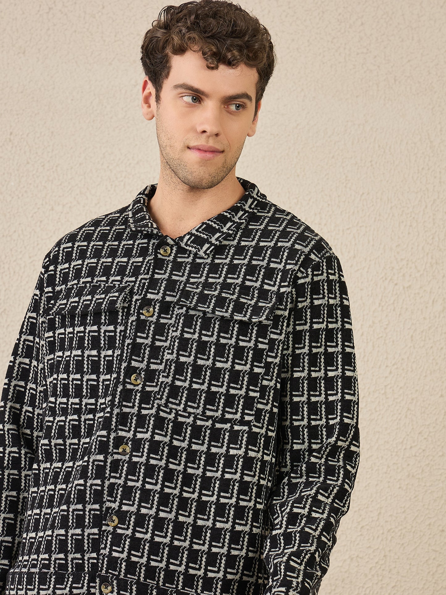 Black Textured Buttoned Shacket