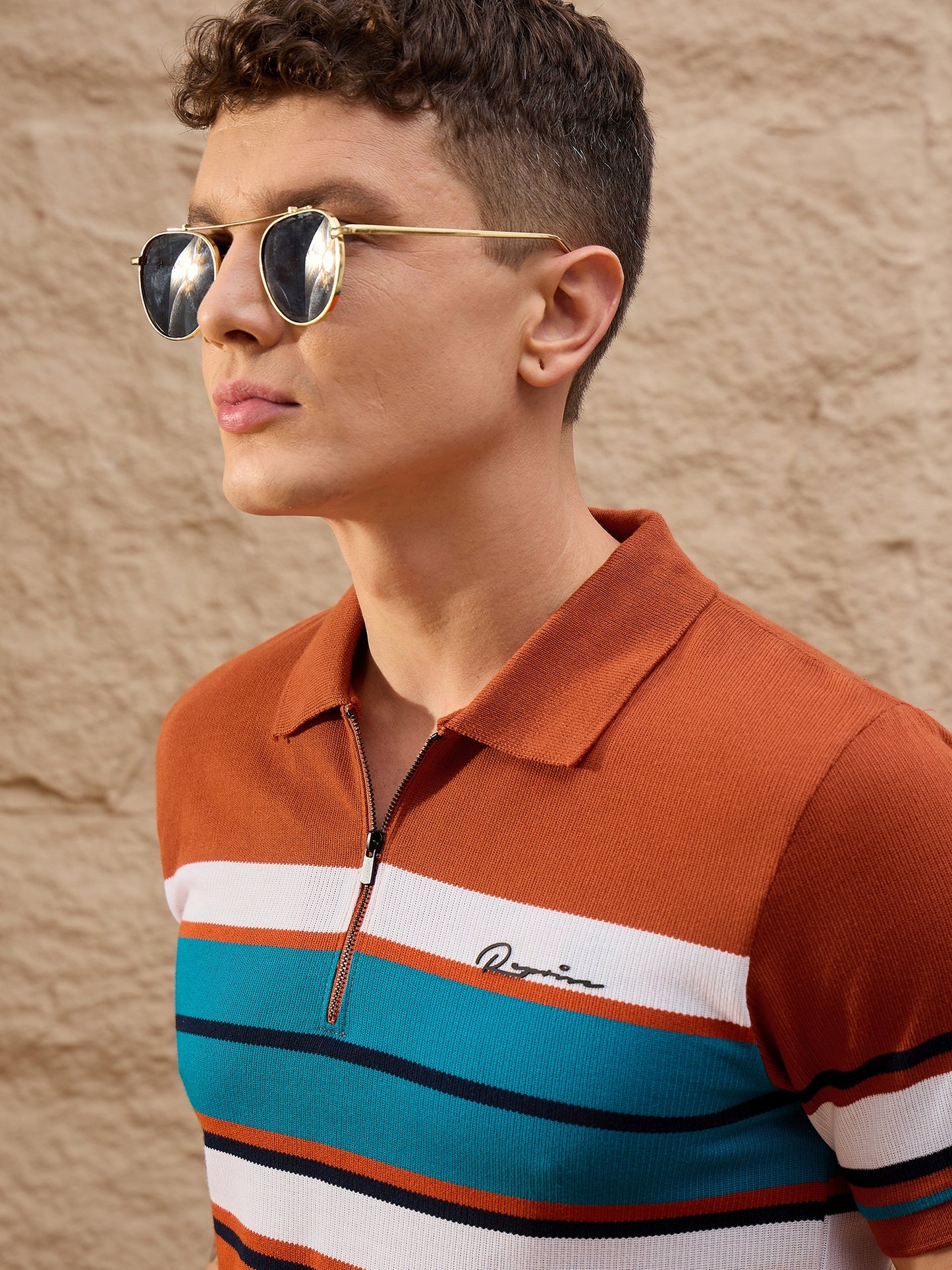 Men Striped Polo T-shirt Brown