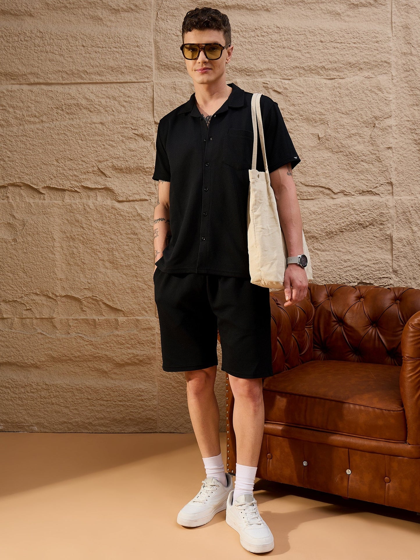 Men Textured Co-ord set Black