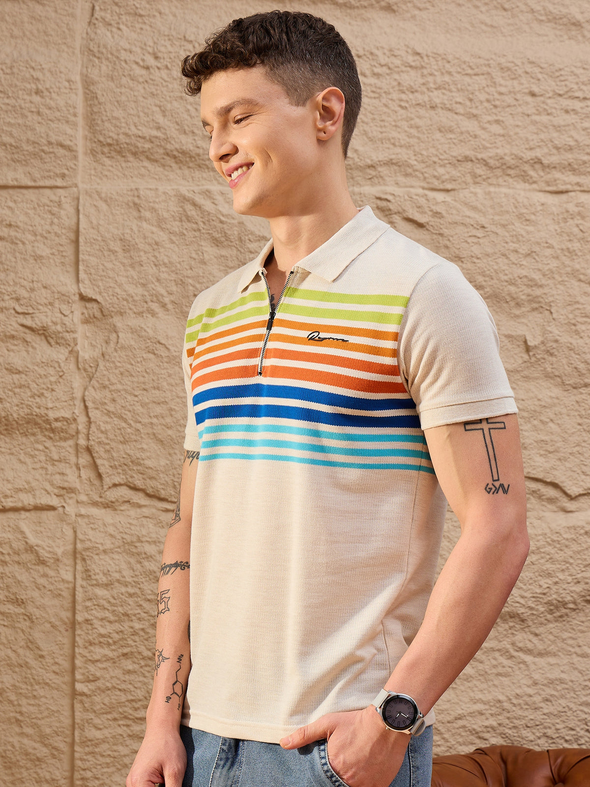 Beige Striped Polo T-Shirt for Men