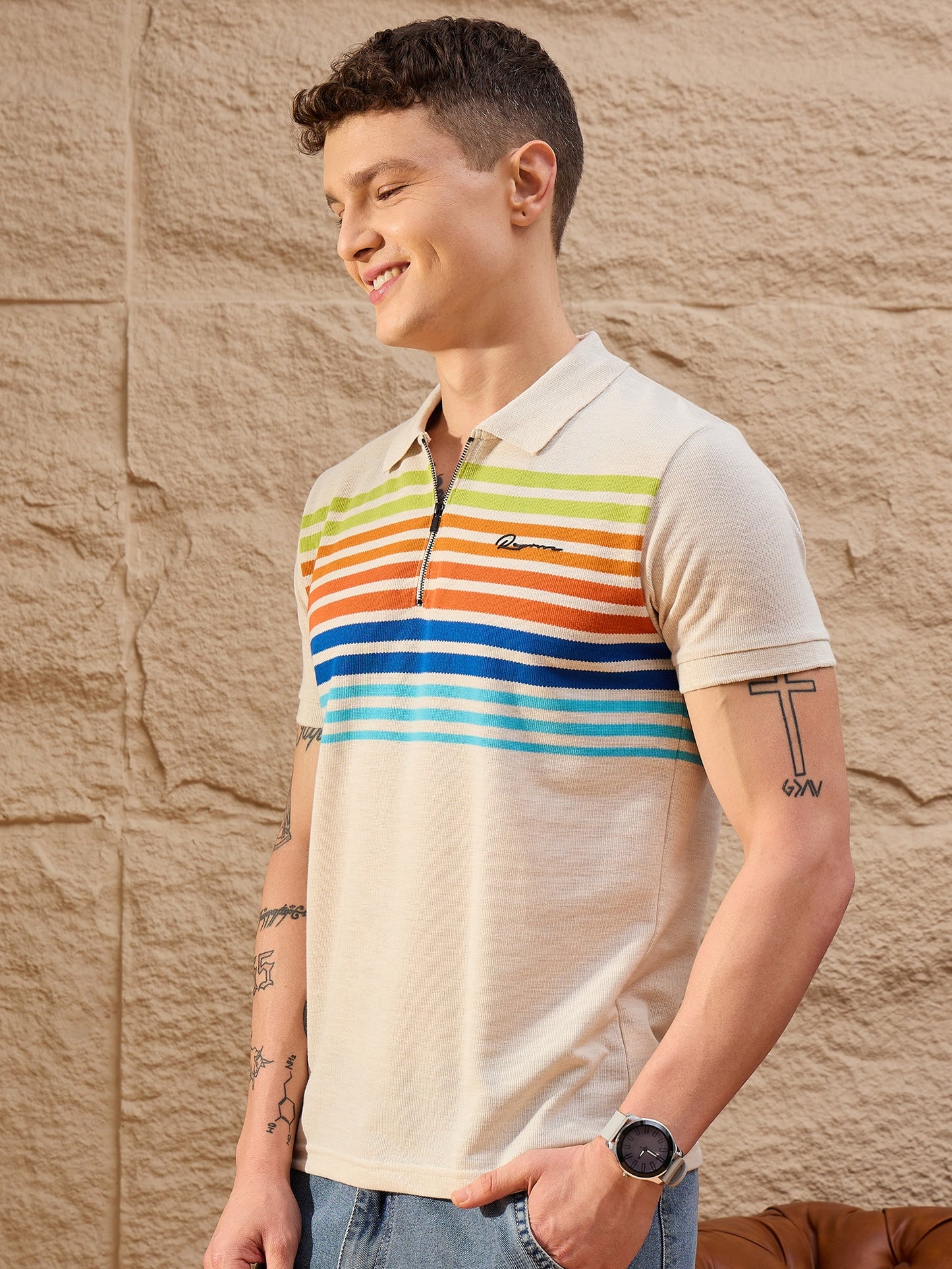 Beige Striped Polo T-Shirt for Men