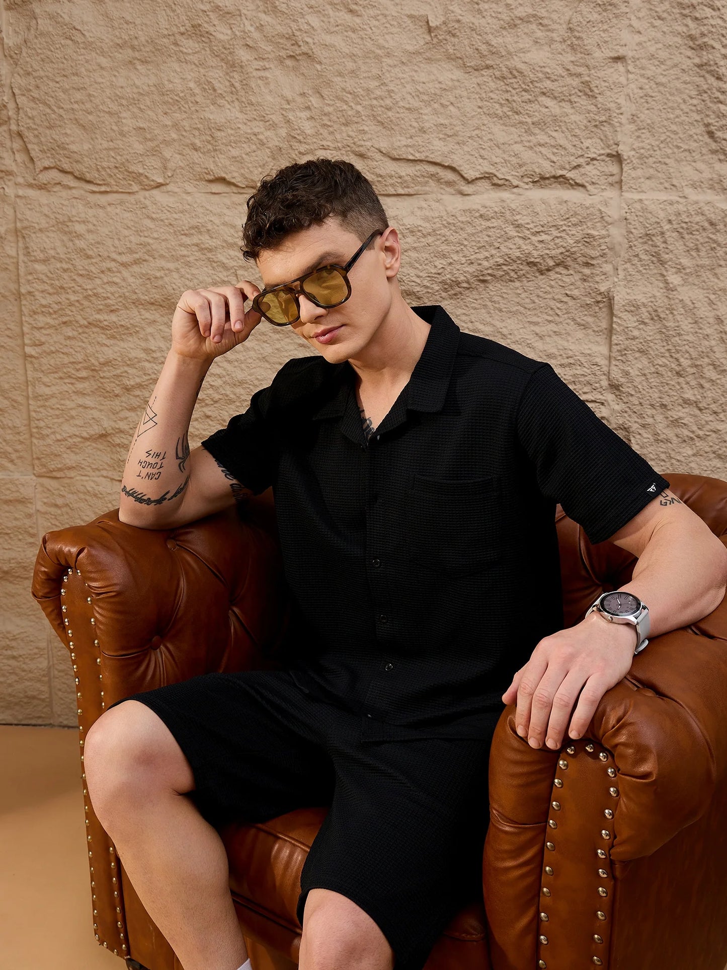 Men Textured Co-ord set Black