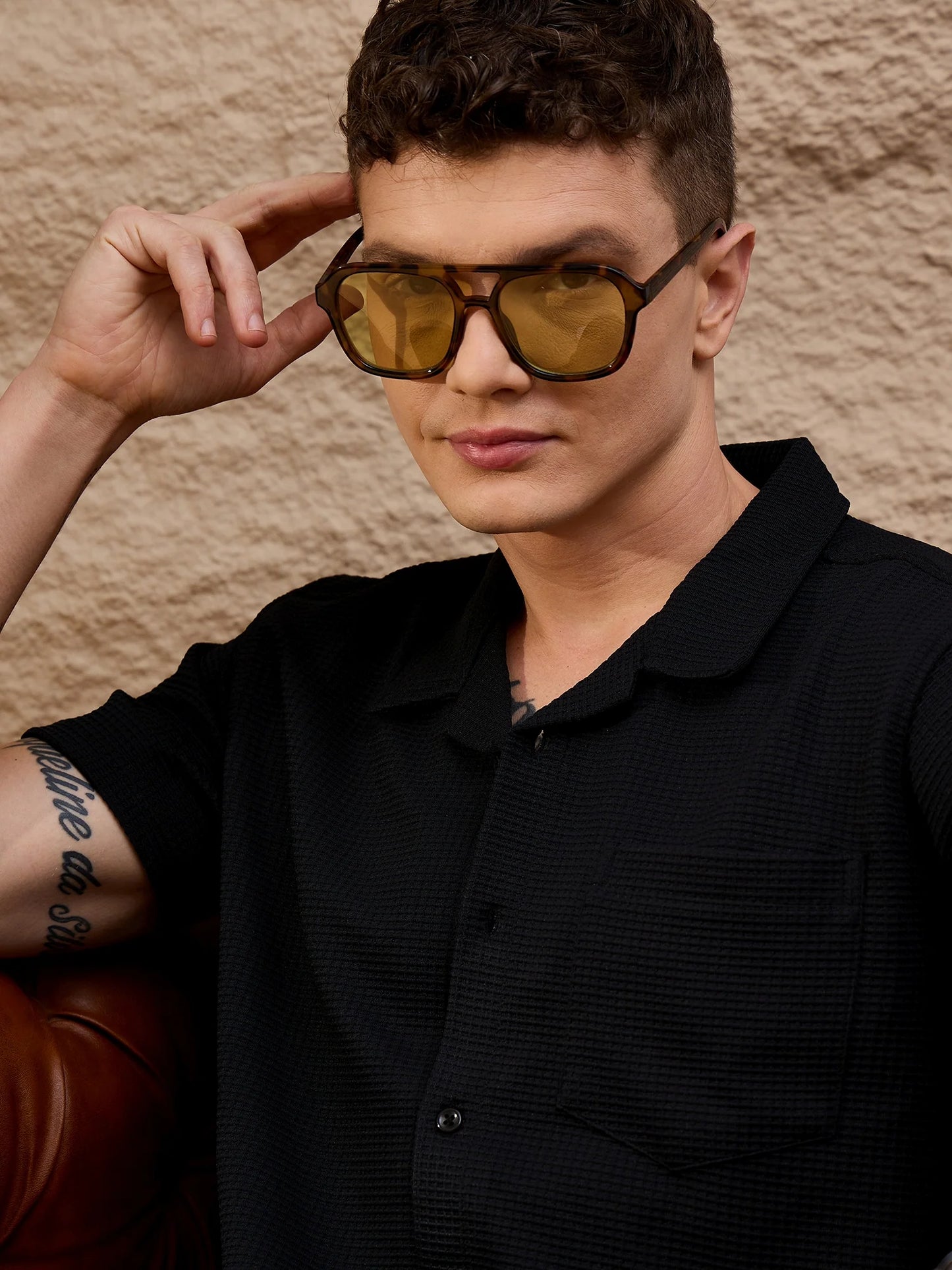 Men Textured Co-ord set Black