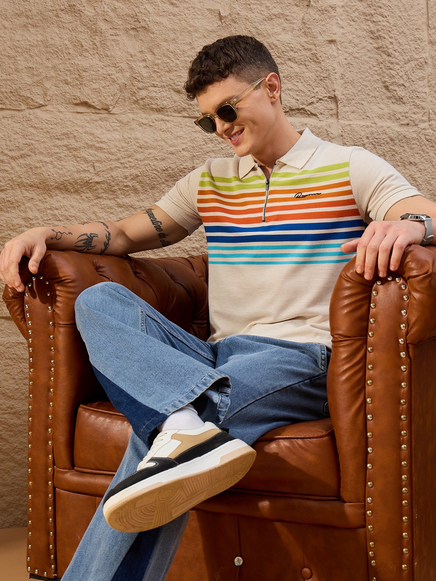 Beige Striped Polo T-Shirt for Men