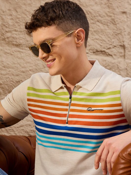 Beige striped polo T-shirt for men – cotton piqué, regular fit – Reprise