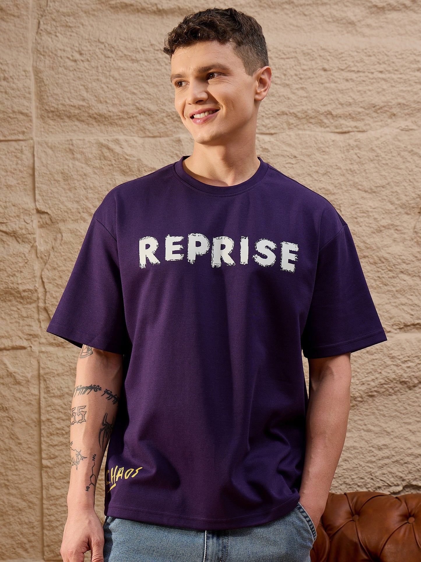 Men Oversized Round Neck Drop shoulder T-shirt Purple