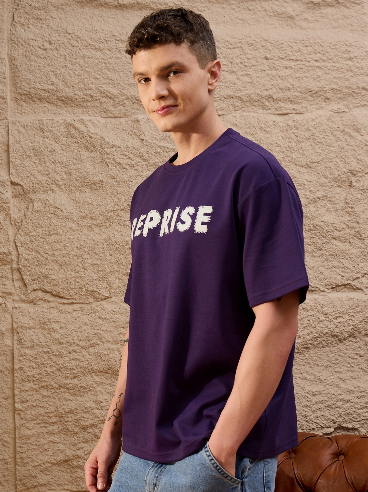 Men Oversized Round Neck Drop shoulder T-shirt Purple