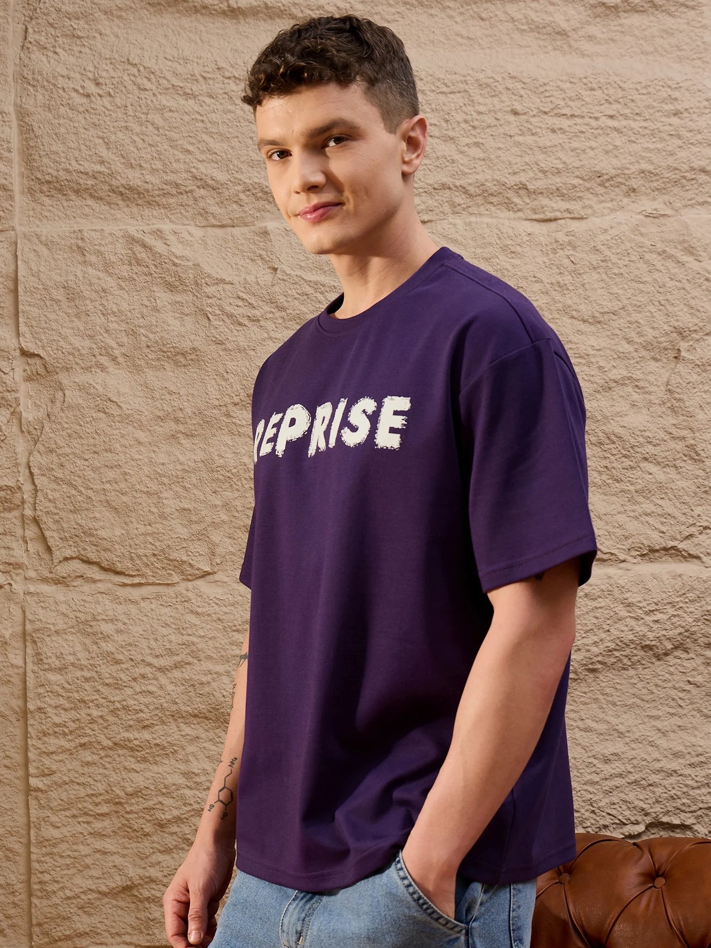 Men Oversized Printed Round Neck Drop shoulder T-shirt Purple
