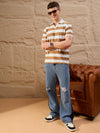 Men Striped Polo T-shirt White & Brown
