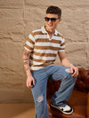 Men Striped Polo T-shirt White & Brown