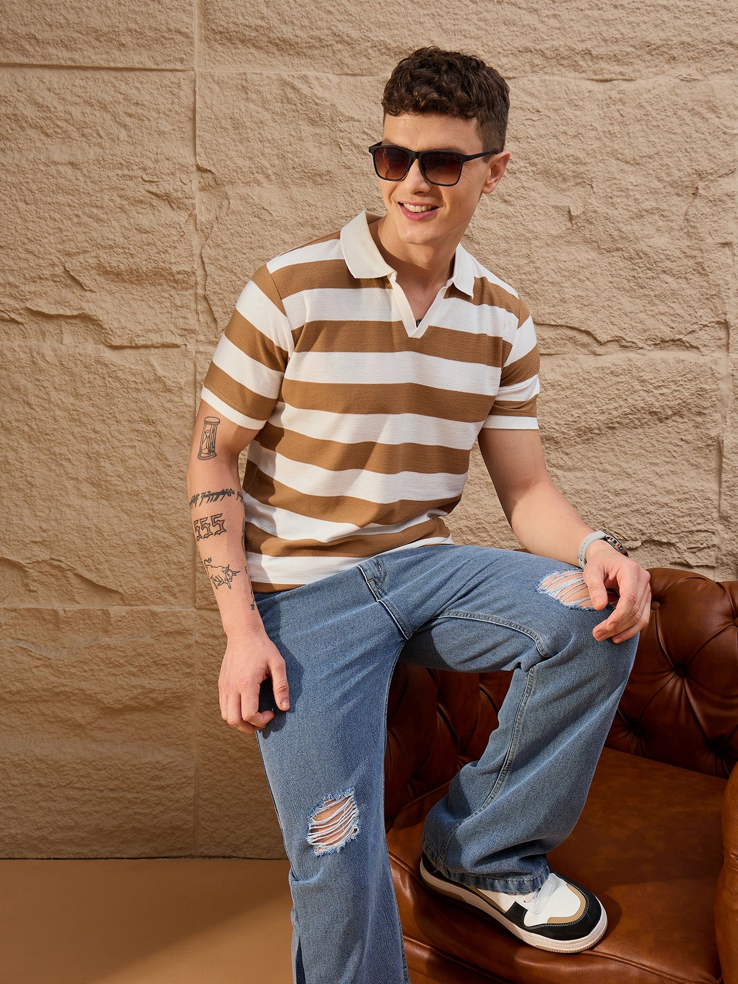 Men Striped Polo T-shirt White & Brown