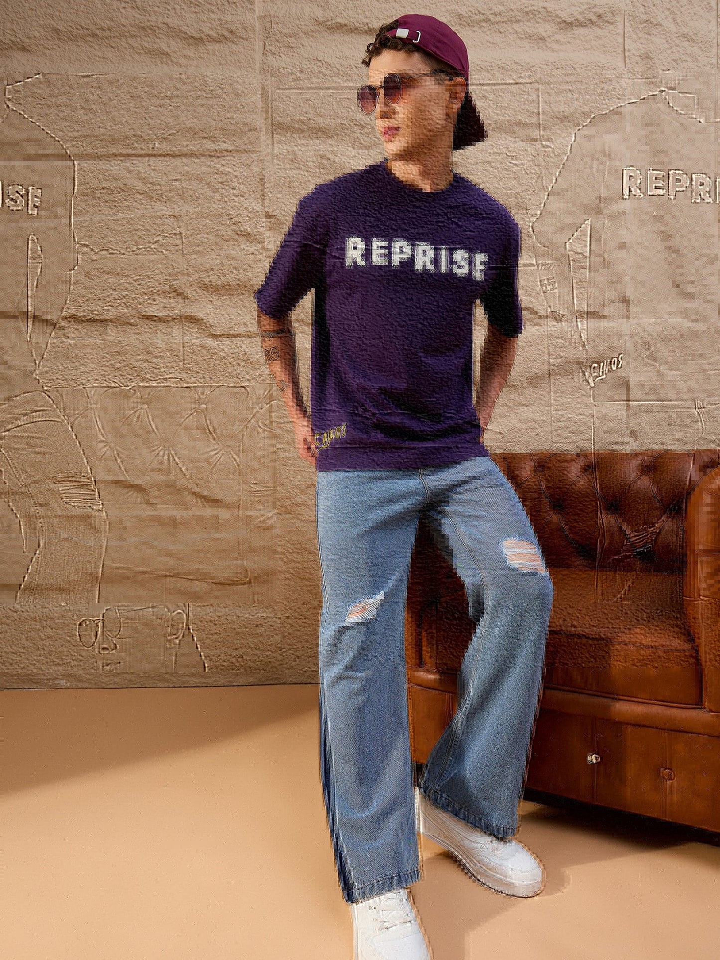 Men Oversized Printed Round Neck Drop shoulder T-shirt Purple