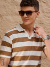 Men Striped Polo T-shirt White & Brown