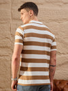 Men Striped Polo T-shirt White & Brown