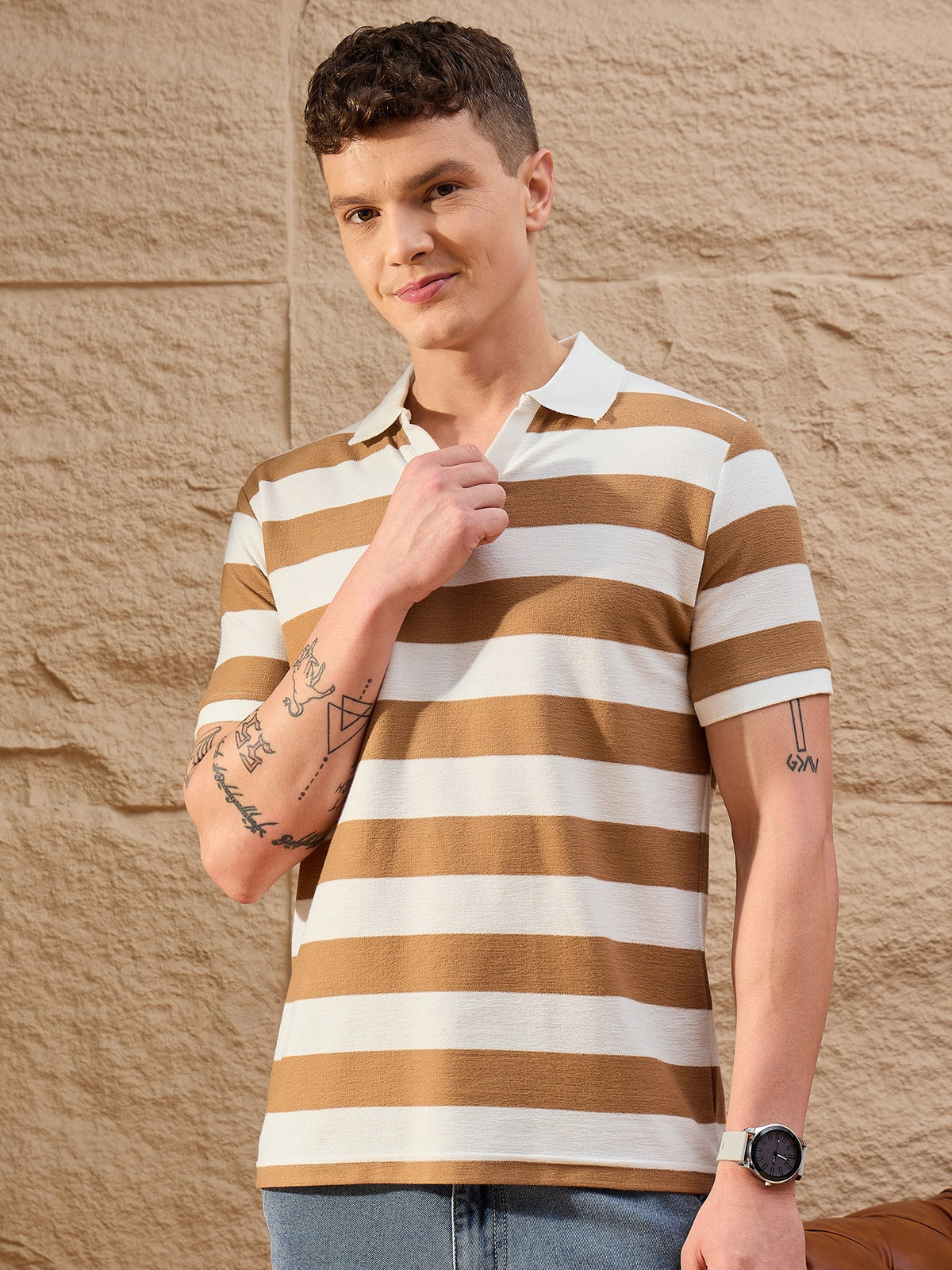 Men Striped Polo T-shirt White & Brown