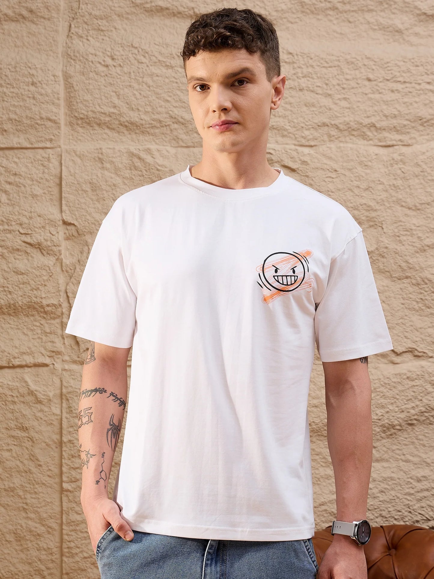 Men Oversized Printed Round Neck Drop shoulder T-shirt White