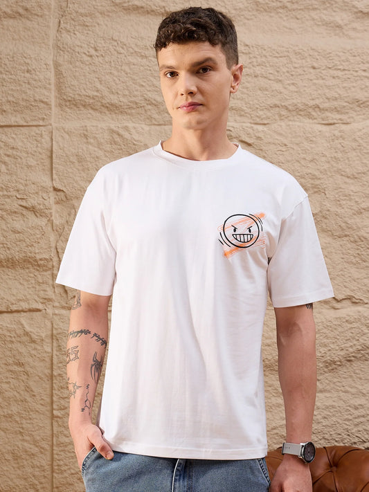 Men Oversized Printed Round Neck Drop shoulder T-shirt White