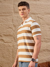 Men Striped Polo T-shirt White & Brown