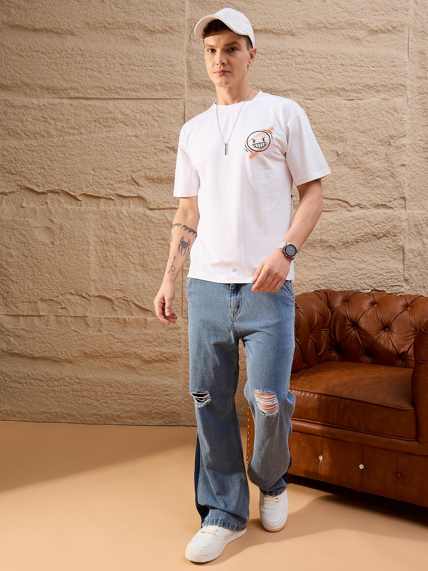 Men Oversized Round Neck Drop shoulder T-shirt White