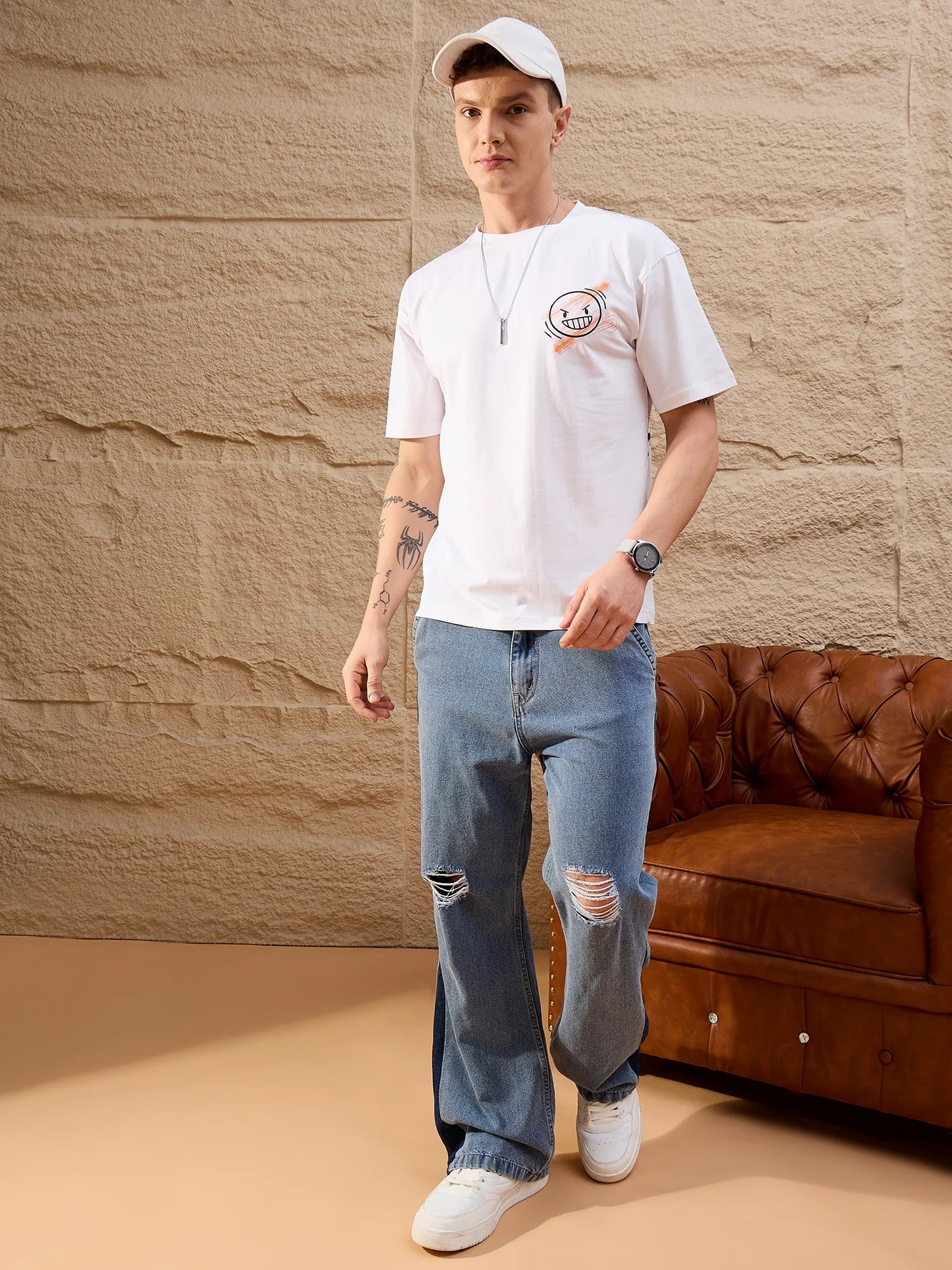 Men Oversized Printed Round Neck Drop shoulder T-shirt White