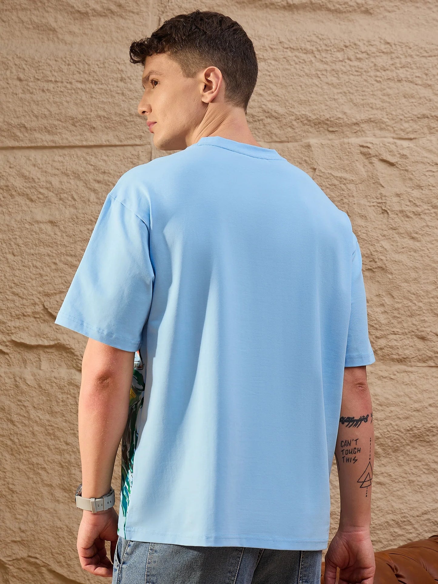 Men Oversized Printed Round Neck Drop shoulder T-shirt light Blue