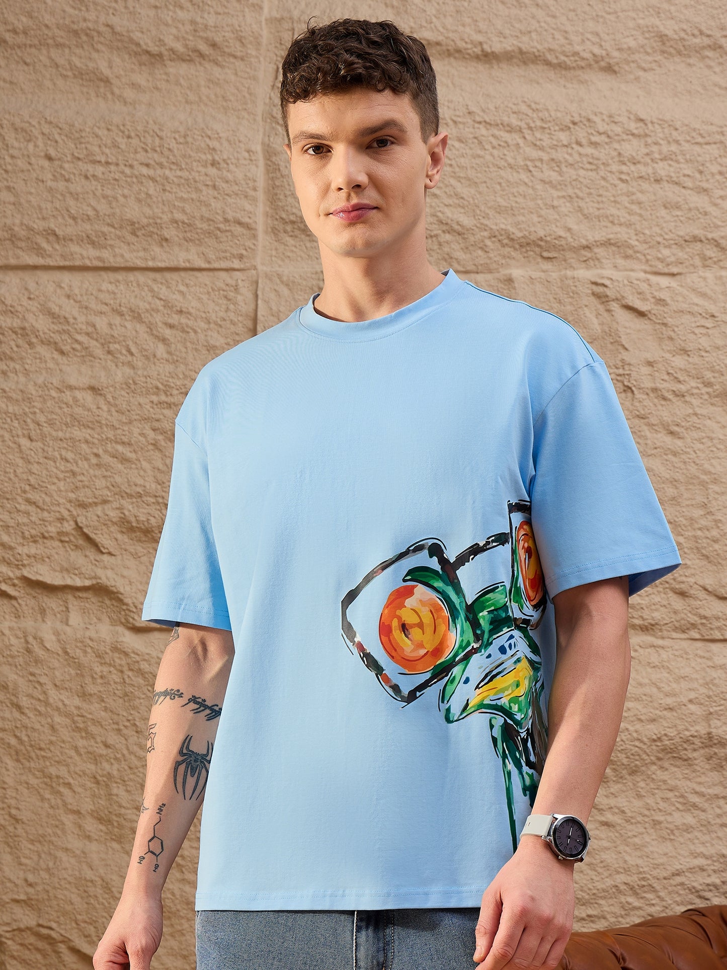 Men Oversized Round Neck Drop shoulder T-shirt light Blue
